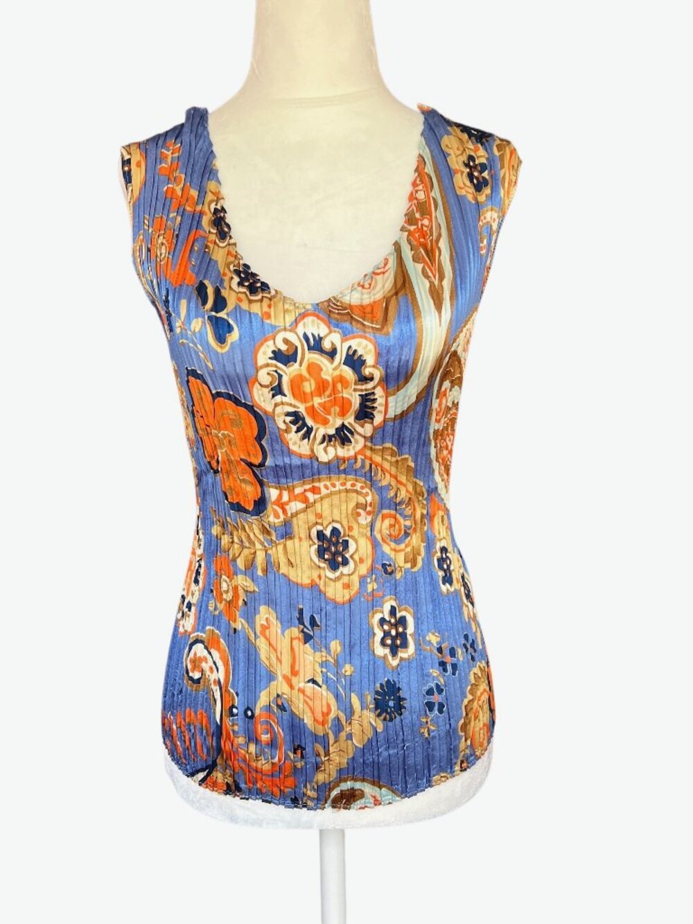 Piano Paisley Print Pleated Sleeveless Top Blue XL